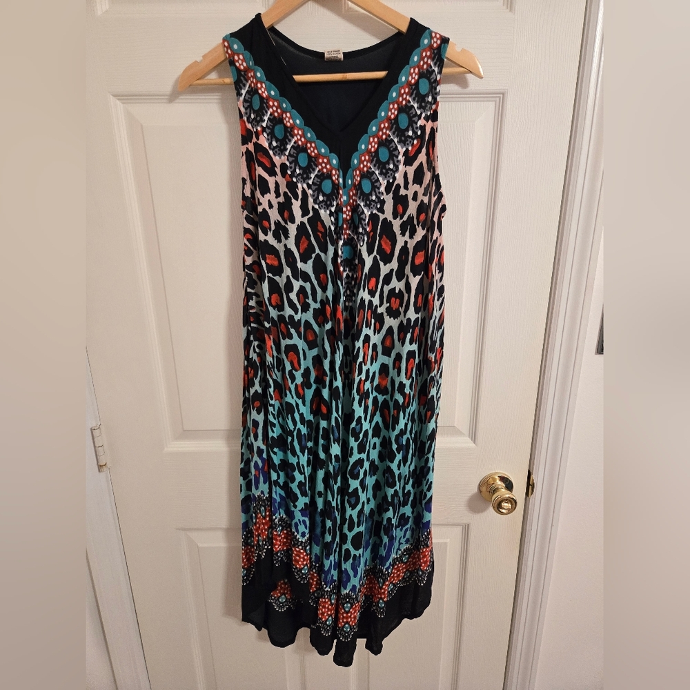 Leopard Print Colorful Dress with Teal and Red Accents Seven Islands One Size